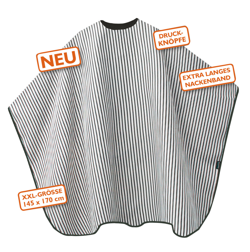 Trend-Design Barber Cape schwarz/weiß gestreift – Schneide- & Rasierumhang für Herren (145 x 170 cm) – Ansicht 2