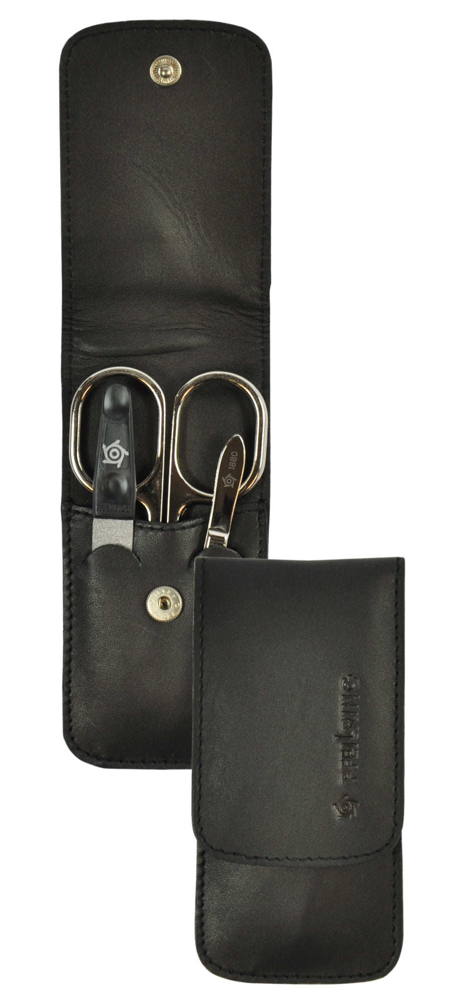 Pfeilring Manicure-Etui schwarz 3-teilig aus Nappaleder mit Saphirnagelfeile, Nagelschere & Pinzette